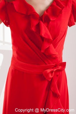 Red V-neck Celebrity Dress with Short Sleeves and Bow