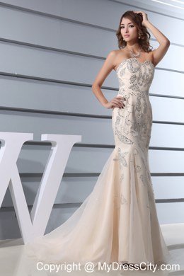 Champagne Beading Mermaid Sweetheart Brush Train Celebrity Dress