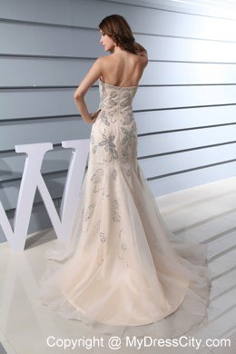 Champagne Beading Mermaid Sweetheart Brush Train Celebrity Dress