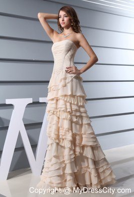 A-Line Strapless Ruffled Layers long Celebrity Dress in Champagne