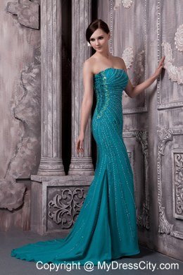 Teal Column Strapless Celebrity Dress Chiffon Beading Court Train