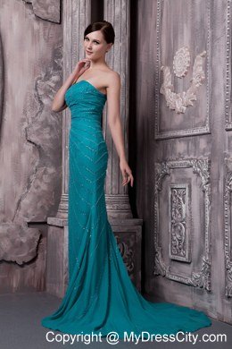 Teal Column Strapless Celebrity Dress Chiffon Beading Court Train