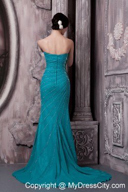 Teal Column Strapless Celebrity Dress Chiffon Beading Court Train