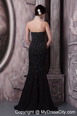 Black Jeweled Halter Celebrity Dress with Brush Train