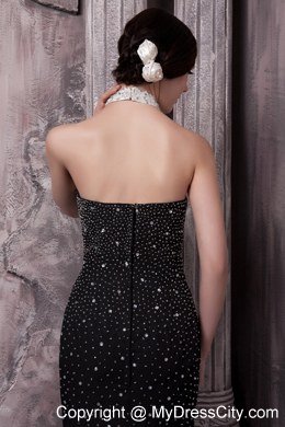 Black Jeweled Halter Celebrity Dress with Brush Train