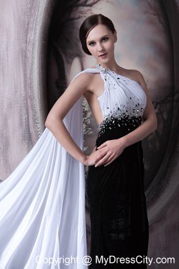 White and Black One Shoulder Beading Celebrity Dress for Watteau Train