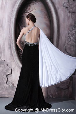 White and Black One Shoulder Beading Celebrity Dress for Watteau Train