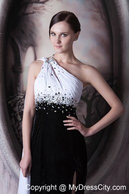 White and Black One Shoulder Beading Celebrity Dress for Watteau Train