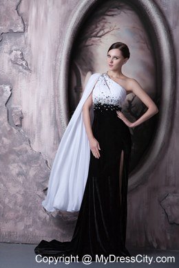 White and Black One Shoulder Beading Celebrity Dress for Watteau Train