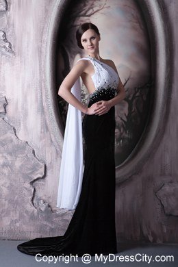 White and Black One Shoulder Beading Celebrity Dress for Watteau Train