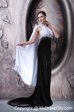 White and Black One Shoulder Beading Celebrity Dress for Watteau Train