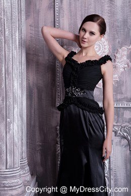 Black Column Straps Celebrity Dress Ruching and Beading