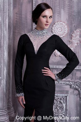 Slit Black Celebrity Dress with High-neck Beading Brush Train