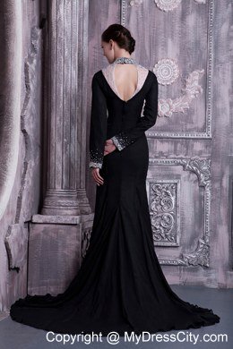 Slit Black Celebrity Dress with High-neck Beading Brush Train