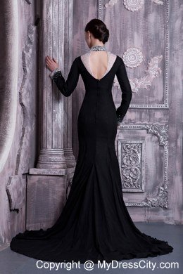 Slit Black Celebrity Dress with High-neck Beading Brush Train