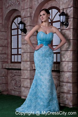 Aqua Blue Column Celebrity Dress Sweetheart Rolling Flowers