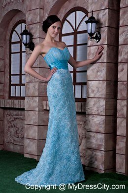 Aqua Blue Column Celebrity Dress Sweetheart Rolling Flowers