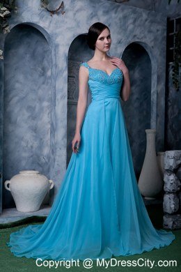 Aqua Blue A-line Celebrity Dress Straps Beading Sweep Train