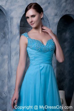 Aqua Blue A-line Celebrity Dress Straps Beading Sweep Train