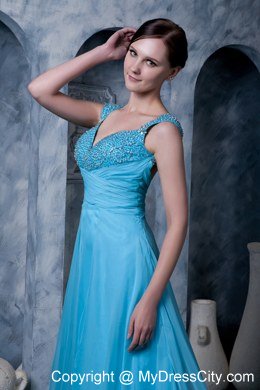 Aqua Blue A-line Celebrity Dress Straps Beading Sweep Train