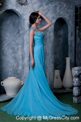 Aqua Blue A-line Celebrity Dress Straps Beading Sweep Train