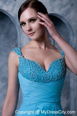 Aqua Blue A-line Celebrity Dress Straps Beading Sweep Train