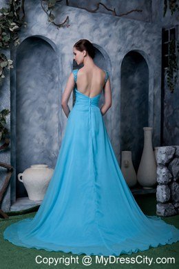 Aqua Blue A-line Celebrity Dress Straps Beading Sweep Train