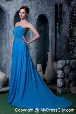 Sky Blue Empire Sweetheart Brush Train Chiffon Beading Celebrity Dress