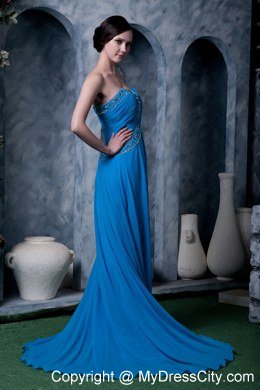 Sky Blue Empire Sweetheart Brush Train Chiffon Beading Celebrity Dress