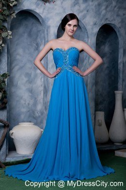 Sky Blue Empire Sweetheart Brush Train Chiffon Beading Celebrity Dress