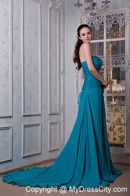 Teal A-line Beaded Strapless Dress for Celebrity with Slits