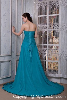 Teal A-line Beaded Strapless Dress for Celebrity with Slits