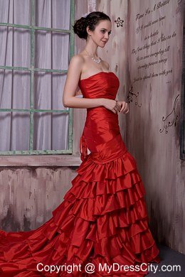 Red Ruffled Layers Celebrity Dress with Slit in Front and Cathedral Train