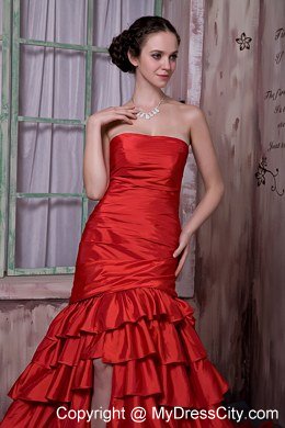 Red Ruffled Layers Celebrity Dress with Slit in Front and Cathedral Train