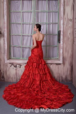 Red Ruffled Layers Celebrity Dress with Slit in Front and Cathedral Train