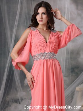 Watermelon V-neck Cocktail Dress with Beading and Court Train
