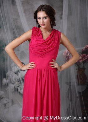 Sweet Coral Red Empire V-neck Chiffon Flowery Bridesmaid Dress Floor-length