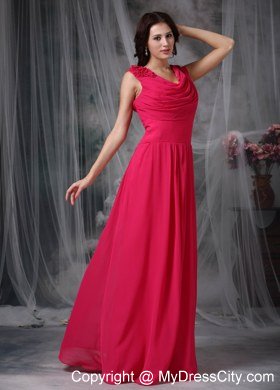 Sweet Coral Red Empire V-neck Chiffon Flowery Bridesmaid Dress Floor-length