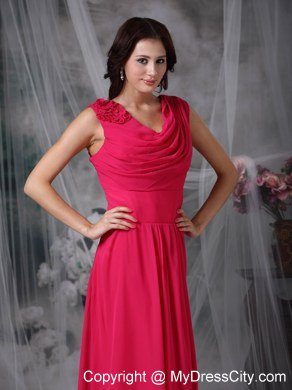 Sweet Coral Red Empire V-neck Chiffon Flowery Bridesmaid Dress Floor-length