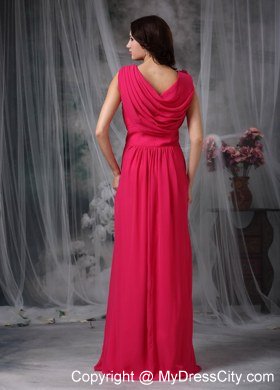 Sweet Coral Red Empire V-neck Chiffon Flowery Bridesmaid Dress Floor-length