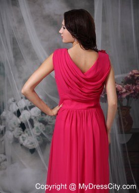 Sweet Coral Red Empire V-neck Chiffon Flowery Bridesmaid Dress Floor-length