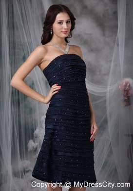 Fitted Navy Blue Strapless A-line Knee-length Ruching Junior Bridesmaid Dress