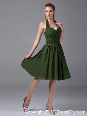 Simple Short Olive Green Halter Top Ruching Chiffon A-Line Bridesmaid Dress