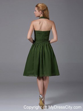 Simple Short Olive Green Halter Top Ruching Chiffon A-Line Bridesmaid Dress