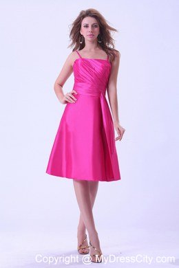 Short Hot Pink Spaghetti Straps Bridemaid Dress With Sashes and Ruching