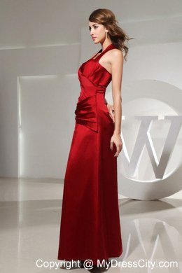 Special Wine Red Halter Top Ruched Ankle-length Column Bridesmaid Dress