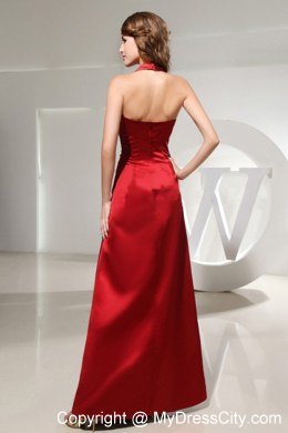 Special Wine Red Halter Top Ruched Ankle-length Column Bridesmaid Dress