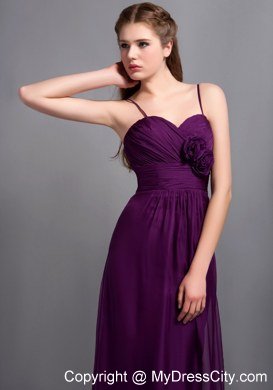 Purple Ankle-length Spaghetti Straps Bridesmaid Dress with Hand Made Flower