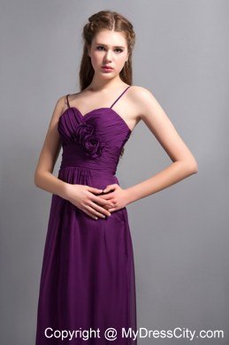 Purple Ankle-length Spaghetti Straps Bridesmaid Dress with Hand Made Flower