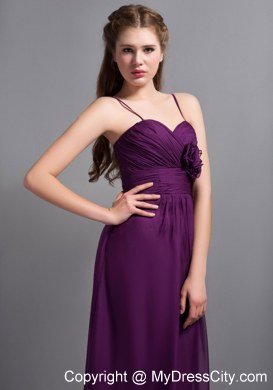 Purple Ankle-length Spaghetti Straps Bridesmaid Dress with Hand Made Flower